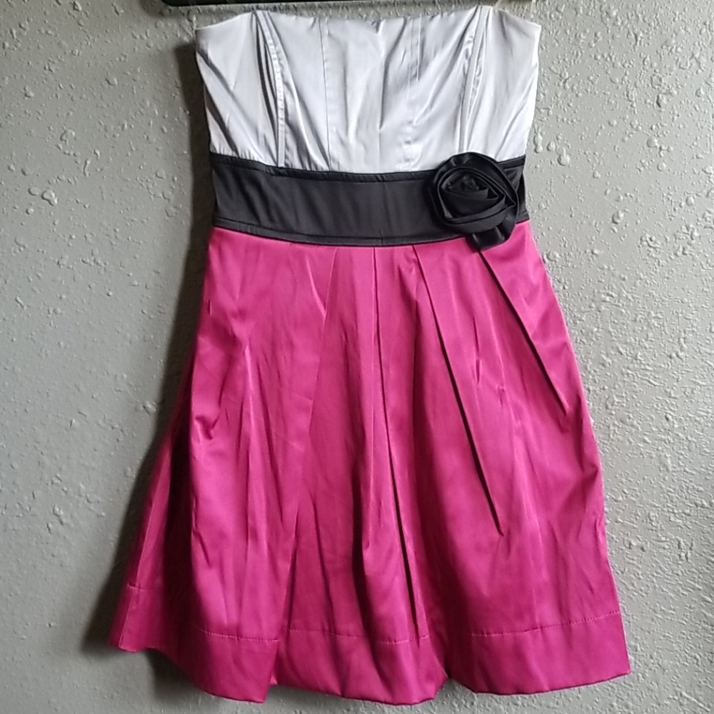 Satin Silver, Black, and Pink Strapless Dress